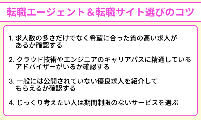 クラウドエンジニアが押さえておきたい転職エージェント&転職サイト選びのコツのイラスト